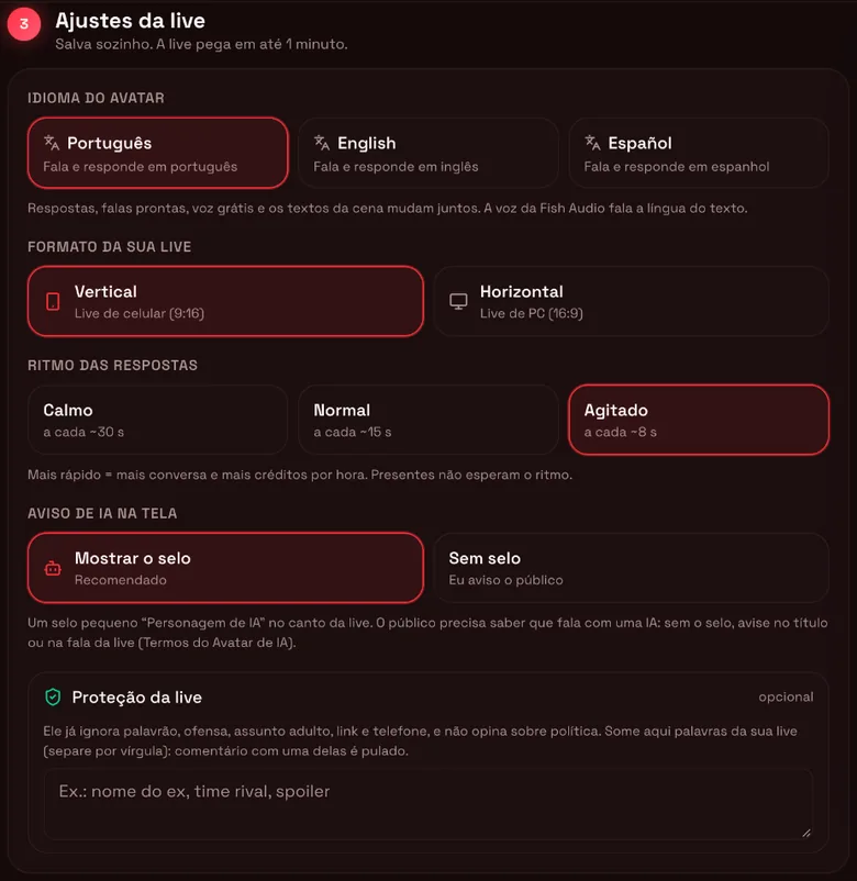 Ajustes da live: idioma, formato, ritmo, aviso de IA e proteção