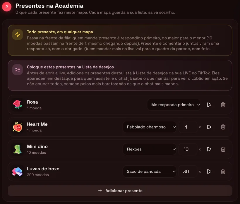Lista de presentes do mapa: Rosa responde primeiro e três ações