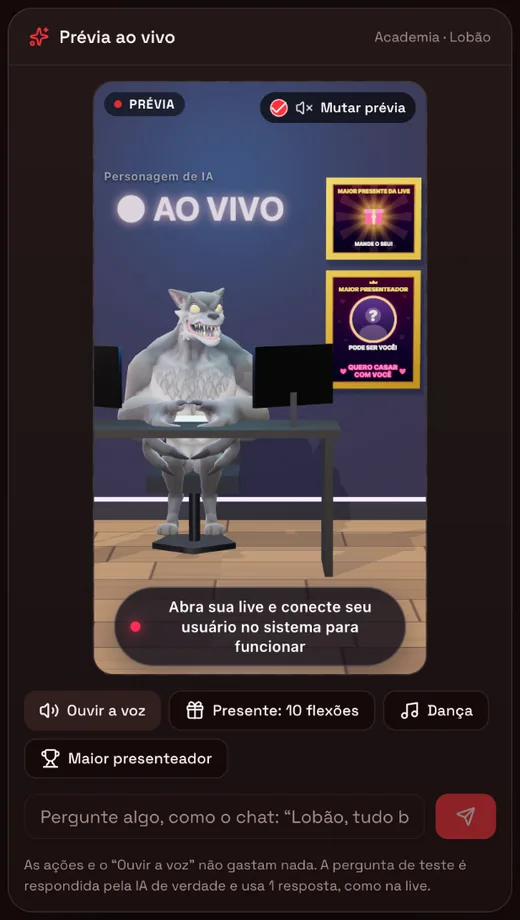 Prévia ao vivo do avatar de IA com Mutar prévia, Ouvir a voz e botões de teste