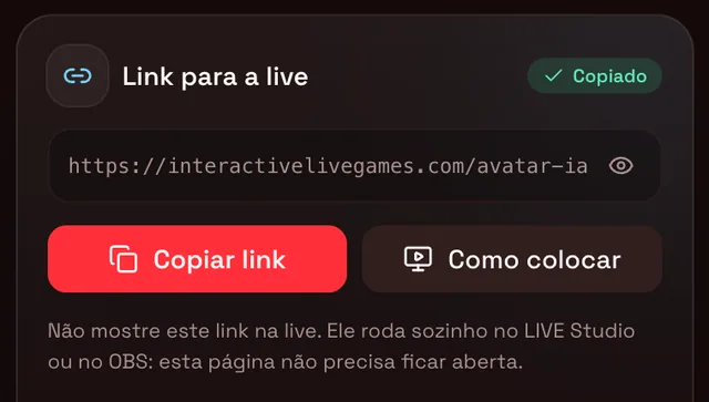 Botão Copiar link do avatar de IA