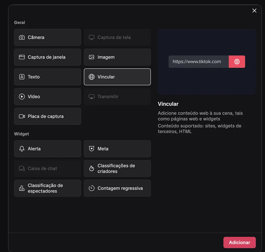 Adicionar origem com Vincular escolhido no TikTok LIVE Studio
