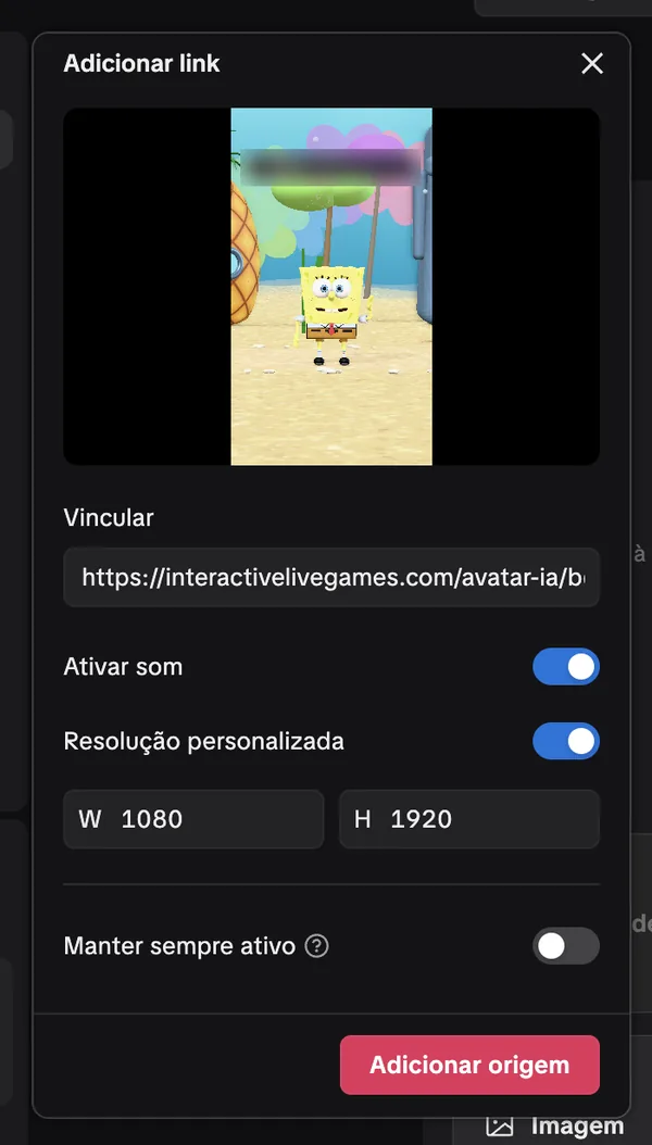 Link colado, Ativar som ligado e resolução 1080 × 1920 no LIVE Studio
