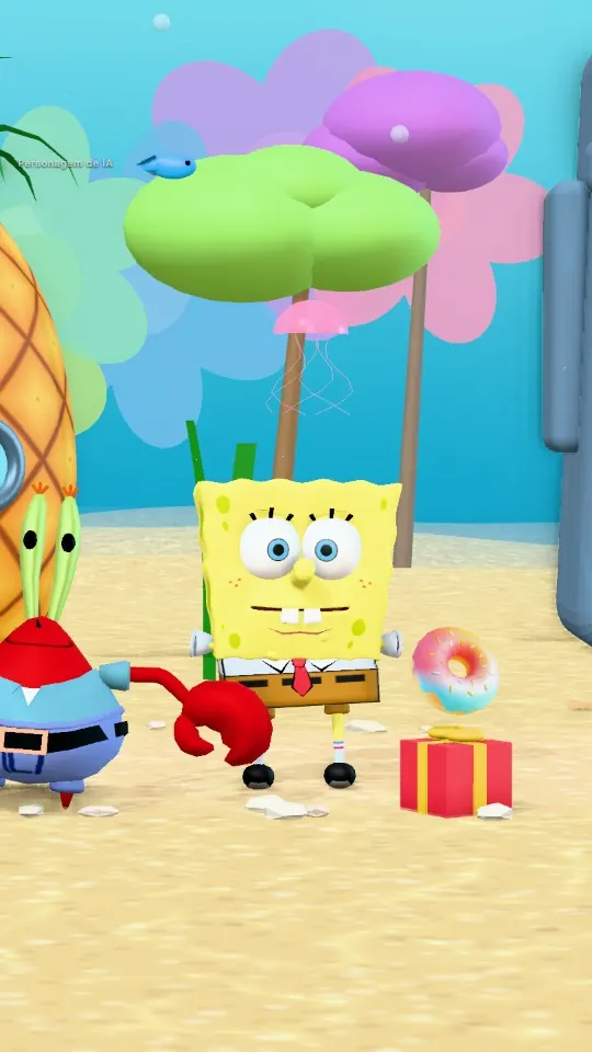 Presente caindo na Fenda do Biquíni enquanto o Bob Esponja comemora