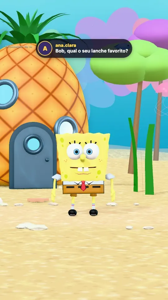 Avatar de IA do Bob Esponja em 3D na rua da Fenda do Biquíni
