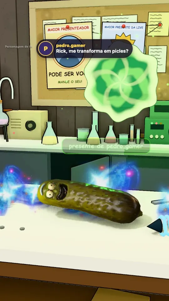 Picles Rick 3D deitado na mesa da garagem com um portal verde aberto atrás