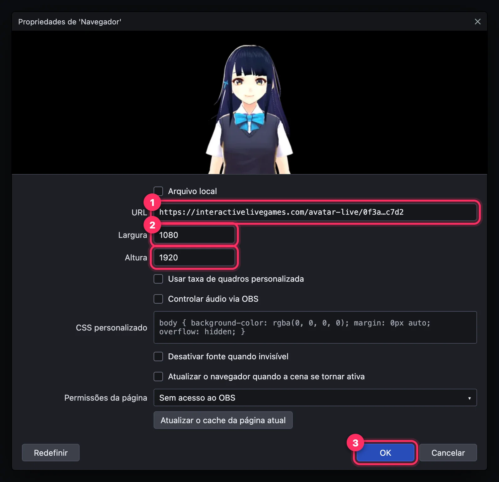 Propriedades da fonte Navegador do OBS com o link do avatar, largura 1080 e altura 1920