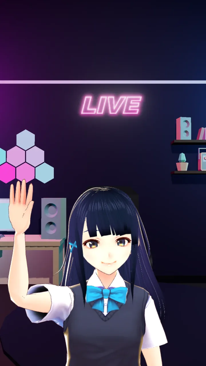 Avatar 3D de anime acenando num setup gamer roxo, na proporção da live do TikTok