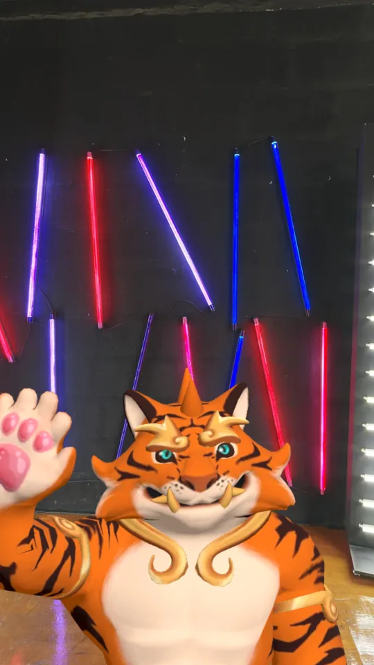 Avatar 3D de tigre acenando num estúdio neon