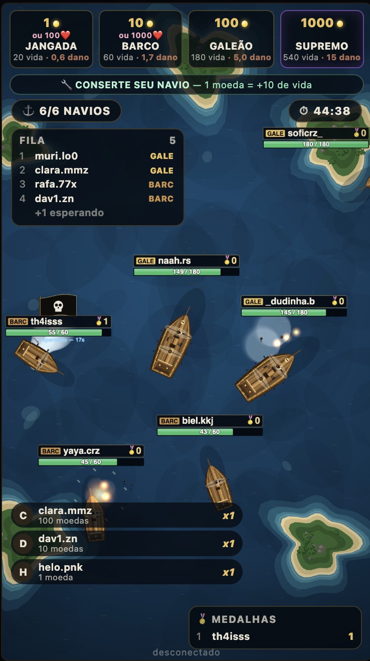 Batalha Naval funcionando na live do TikTok