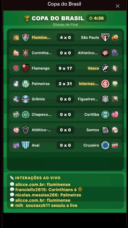 Copa do Brasil funcionando na live do TikTok