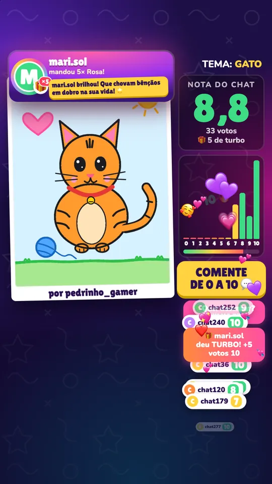 Desenha Aí! na live do TikTok: o desenho de um espectador na tela e o chat dando nota de 0 a 10