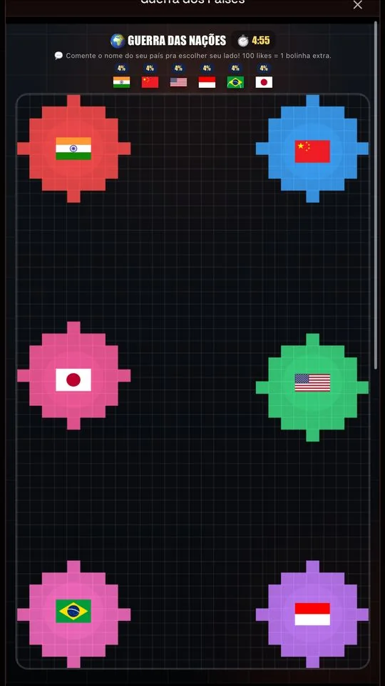 Guerra Territorial de Países funcionando na live do TikTok