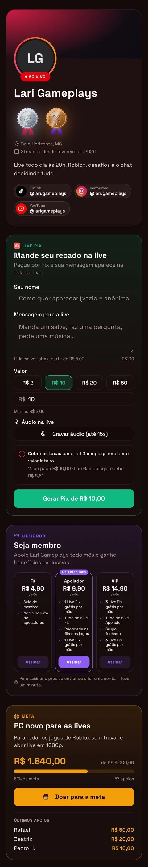 Perfil de streamer com Live Pix, membros e meta de doação