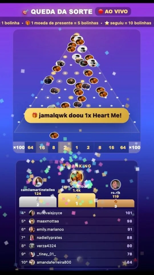 Plinko de usuários funcionando na live do TikTok