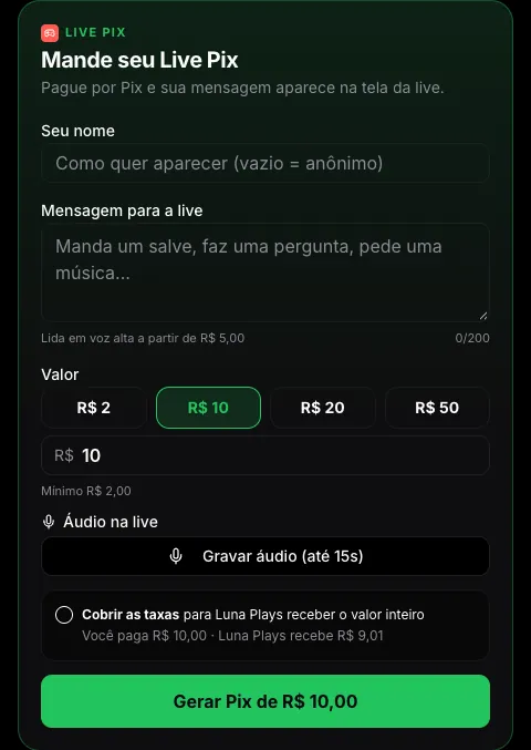 Formulário do Live Pix no perfil com nome, mensagem, valores, áudio e cobrir taxas