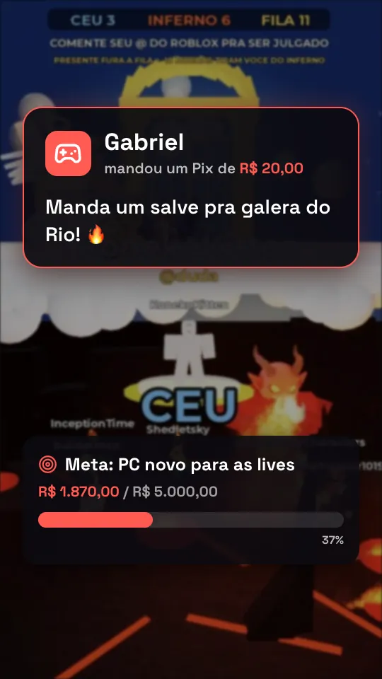 Alerta de Live Pix na tela da live com nome, valor e mensagem