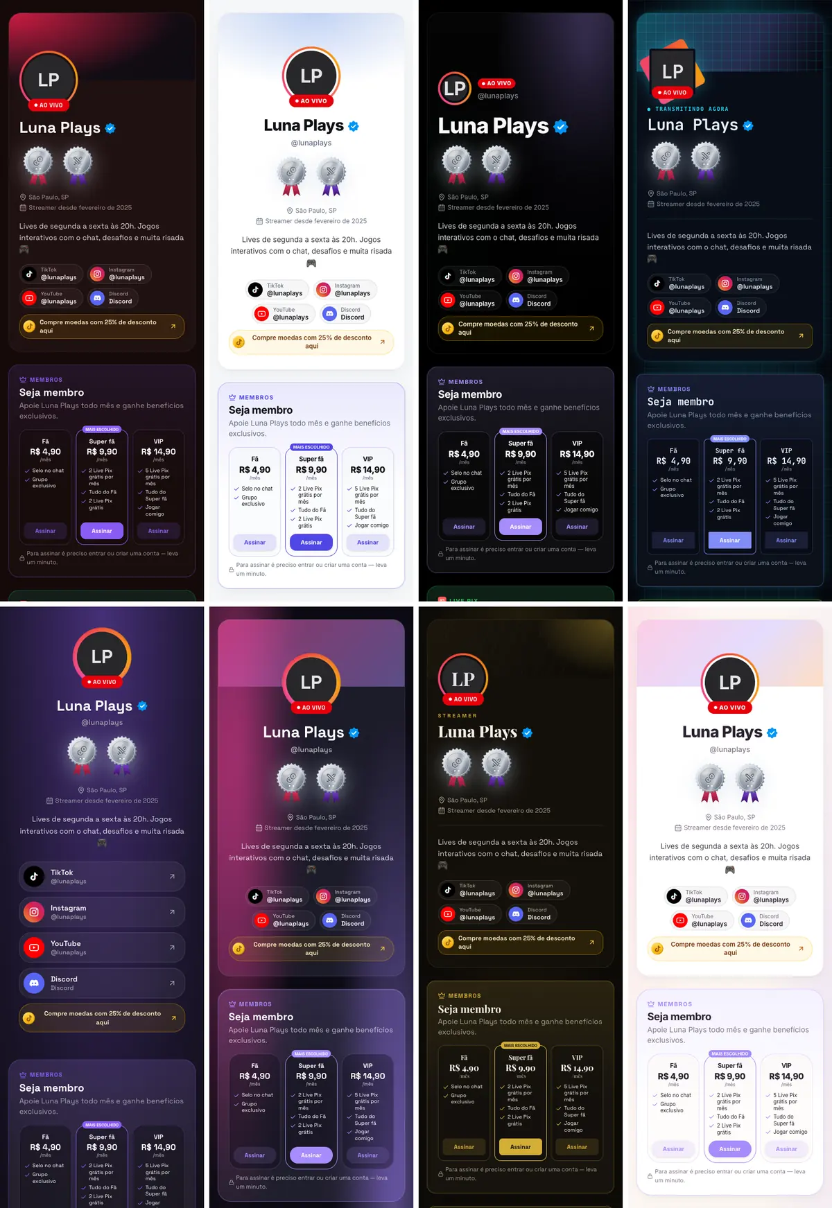 Os 8 modelos de perfil: Clássico, Clean, Midnight, Neon Tech, Link na bio, Vidro, Premium e Suave