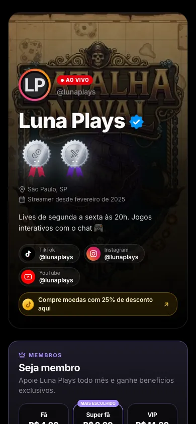 Perfil do streamer no celular com foto, selo, medalhas, redes e membros