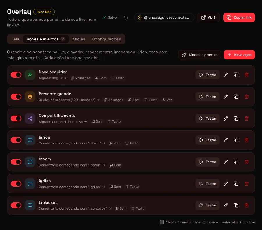 Aba Ações e eventos com ações de seguidor, presente grande e comandos do chat