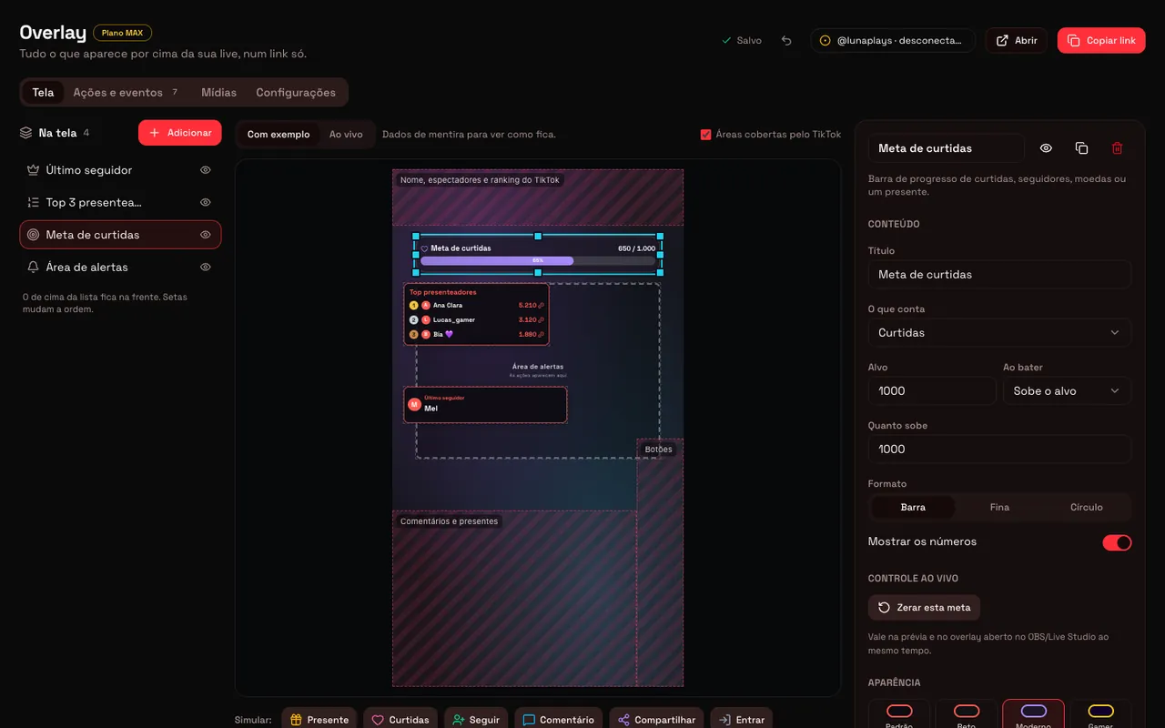 Editor do overlay com a lista de widgets, a prévia 9:16 e o painel de edição