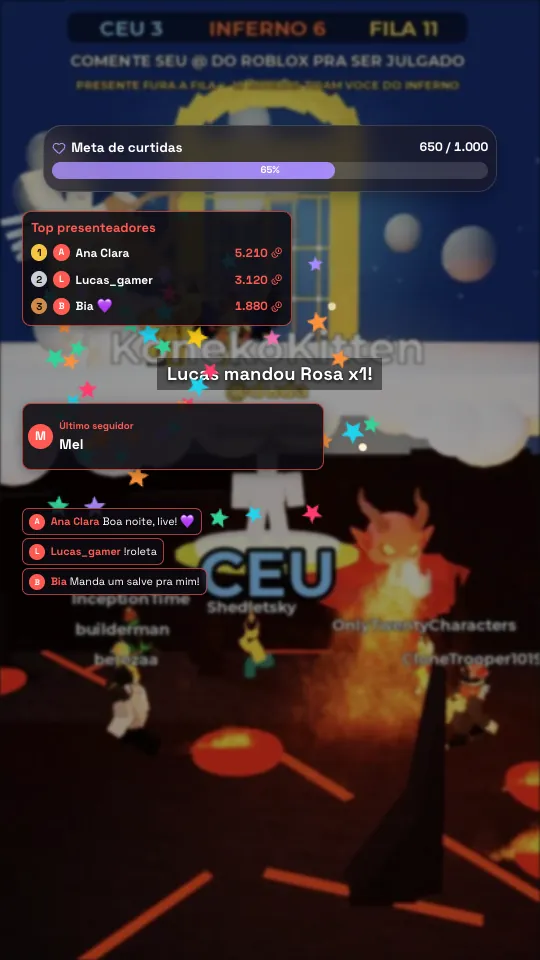 Overlay com meta de curtidas, top presenteadores, último seguidor, chat e alerta de presente