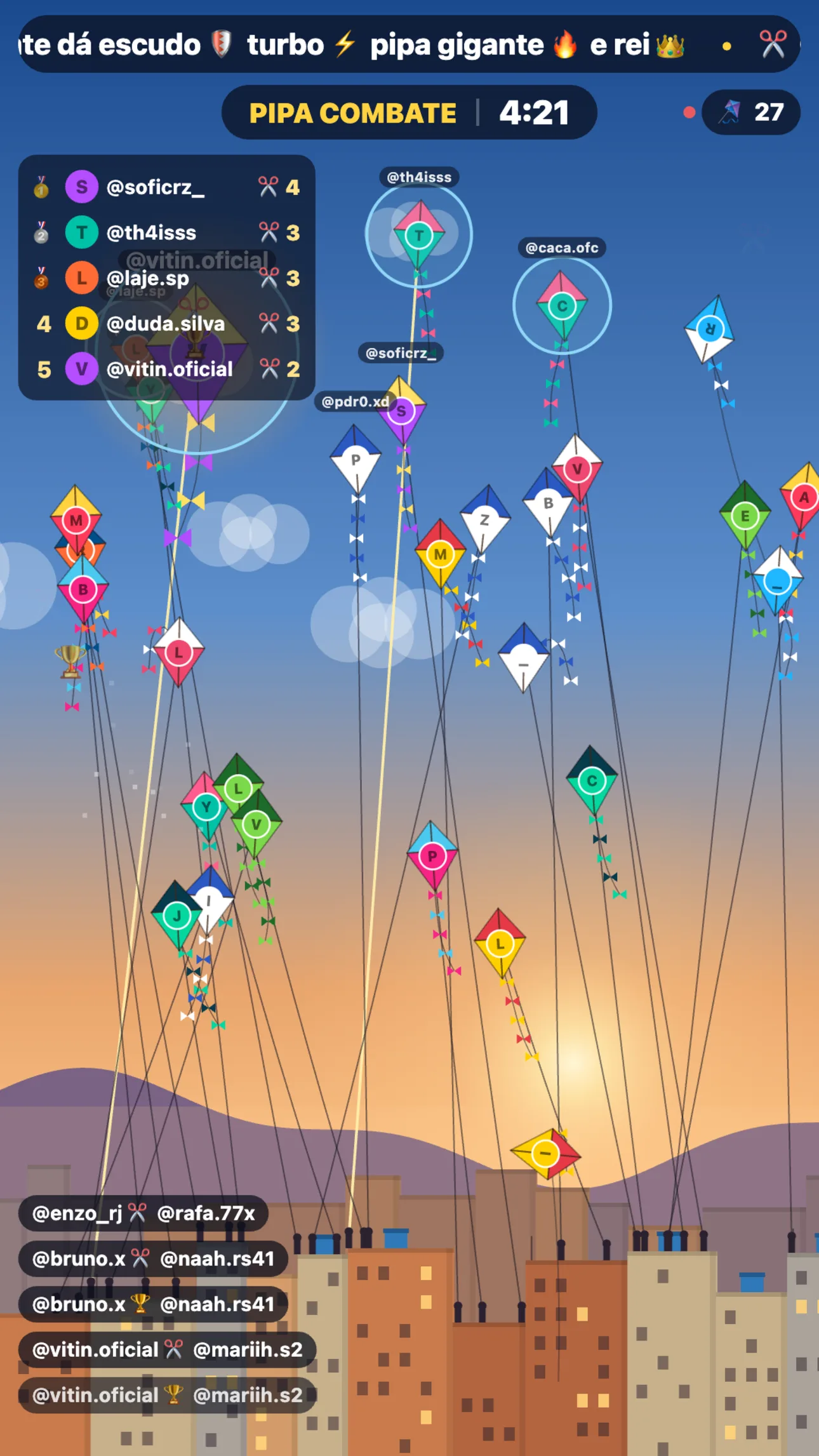 Jogo da pipa na live do TikTok: pipas do chat no céu e ranking de cortes
